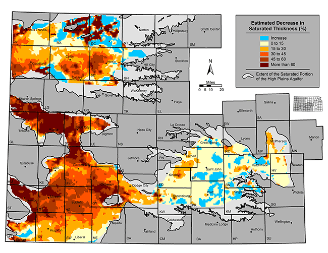 Greatest decreases in west-central counties; some areas in eastern part of aquifers have increased their saturated thicknesses.