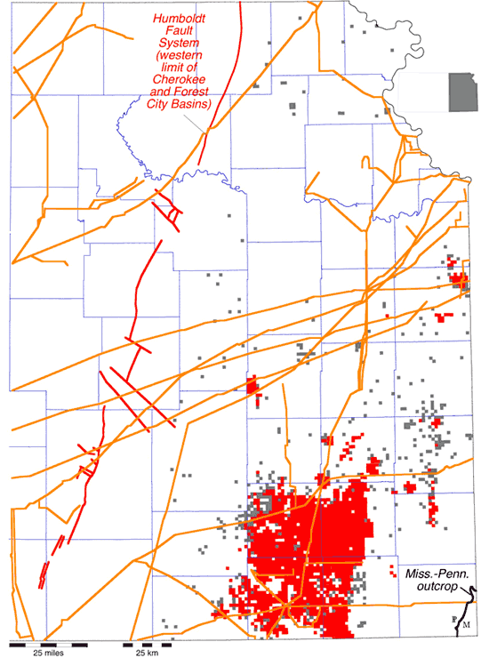Map of eastern Kansas showing sections where coalbed methane wells have been drilled. Pipeline network also shown.