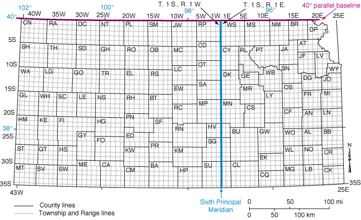 Map of Kansas with township  and range lines labeled.