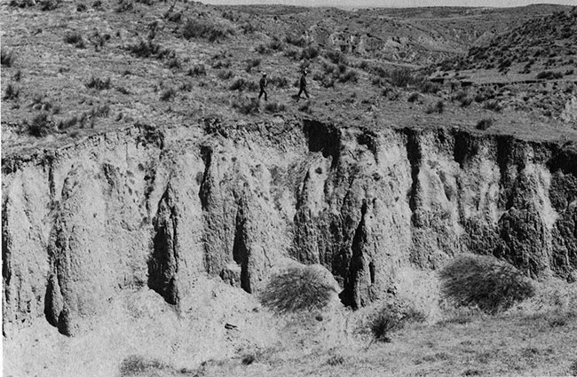 Black and white photo of sharply eroded hillside.