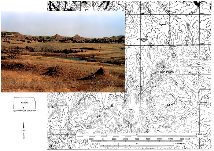 The photograph and topographic map both show Twin Peaks in the Red Hills of south-central Kansas.