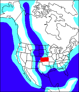 Map of North America as it appeared during Cretaceous time with outline of Kansas added.