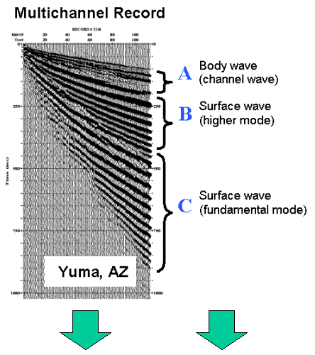 Raw field record showing body wave at top, higher modes of surface wave in middle, and fundamental mode of surface wave arriving last
