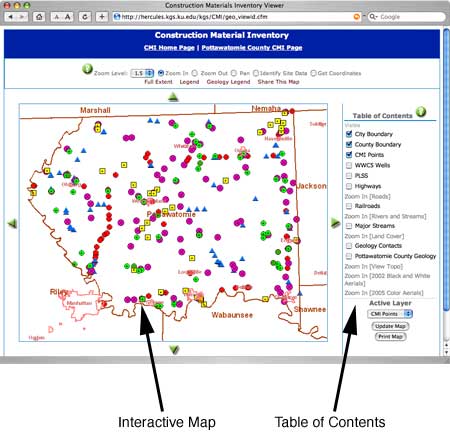 Interactive map has table of contents on right side, clickable map on left.