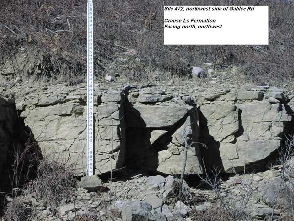 Massive limestone is 1.5-2 ft thick; brown grasses at top; rubble and small stones at base.