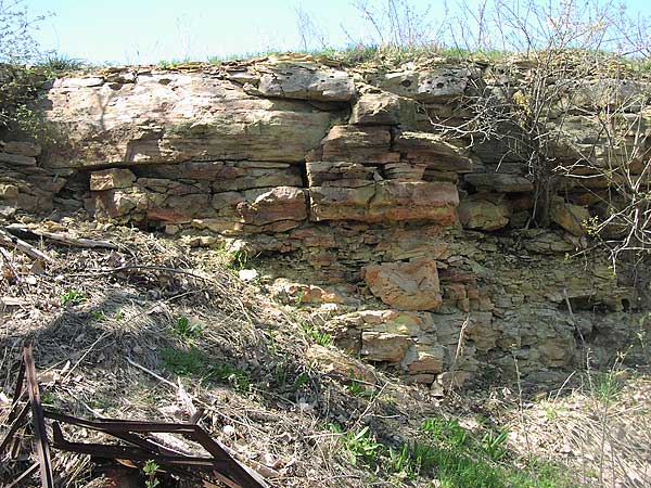 Blocky outcrop, tan-gray, more massive at top, more broken up at bottom, bushes have no leaves, sky is blue.