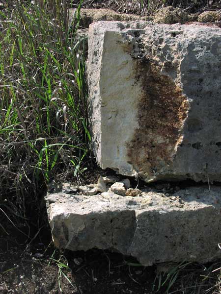 Gray block of limestone; red staining on inside next to fresh tan exposure.