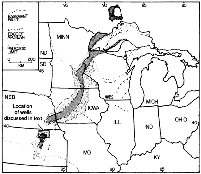 Map of Midcontinent Rift System; stretches from Lake Superior through Iowa and into SE Nebraska.