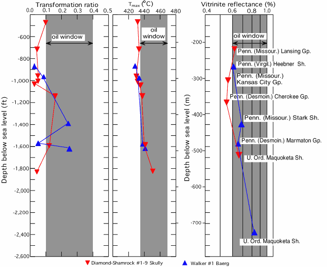 Chart plots depth (rock unit types) against transformation ratio, T max, and vitrinite reflectance.