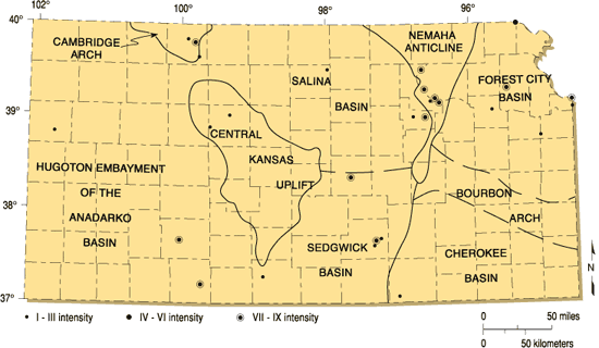 largest earthquakes located in Nemaha area, though earthquakes are distributed throughout the state