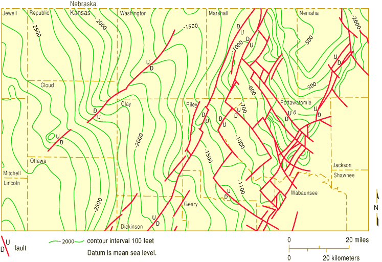 Precambrian contours with faults indicated