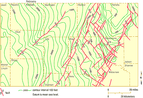 Precambrian contours with faults indicated