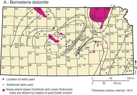Thickness of Bonneterre dolomite in Kansas; thickest (150 feet) in Scott-Grove-Rooks area, McPherson-Reno area, and in southeast Kansas