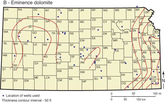 Thickness of Eminence dolomite in Kansas; thickest in Scott-Grove-Logan-Lane area (50 feet), McPherson-Reno area, and in far eastern Kansas (150 feet)
