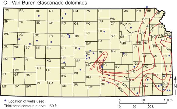 Thickness of Van Buren-Gasconade dolomites in Kansas; thickens towards southeast Kansas (200 feet), absent in central and western Kansas