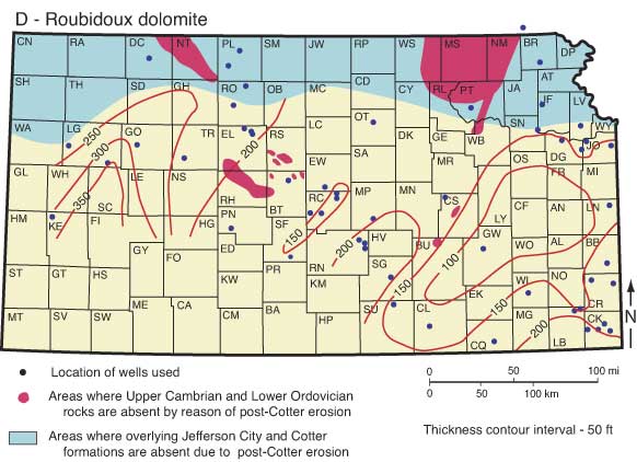 Thickness of Roubidoux dolomite in Kansas; present in band stretching from southeast Kansas to Logan-Gove area; max 650 in Scott and Wichita counties