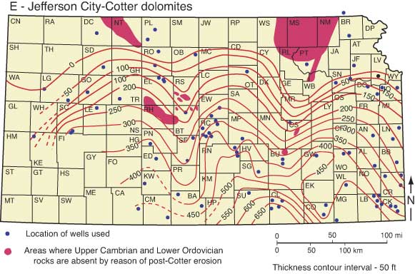 Thickness of Jefferson City-Cotter dolomites in Kansas; 0 thickness follows approx. line from Wallace to Wyandottte; thickens to south up to 650 feet in Sumner and Cowler counties