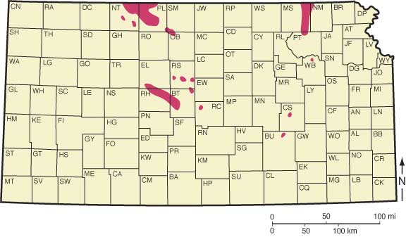 Absent in areas of Phillips and Norton, small parts of Smith and Osborne, eastern half of Marshall, band in Bartion and Rush, small parts of Barton and Chase