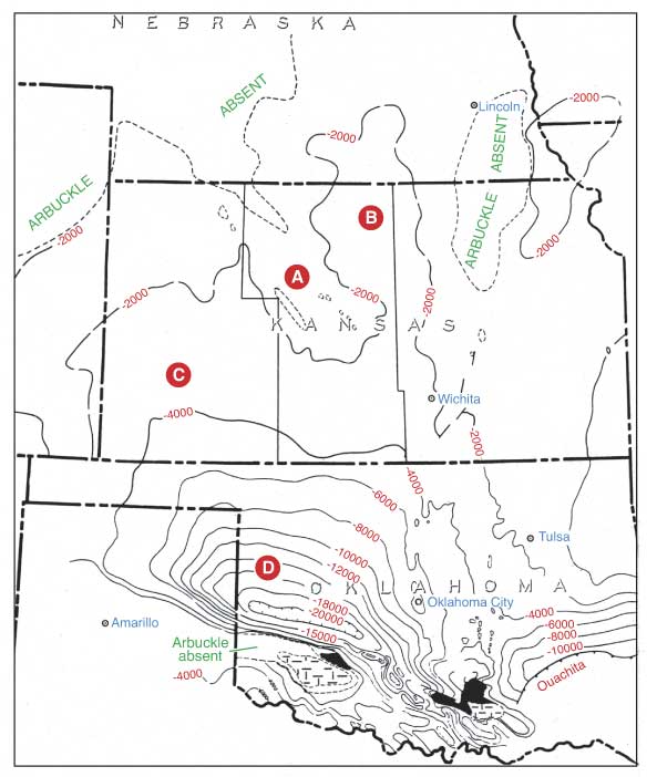 Map of Kansas and Oklahoma; elevation drops from -4,000 in southwest Kansas to -20,000 in southwest Oklahoma.