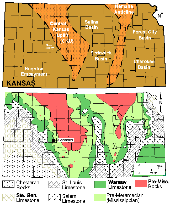 Mississippian rocks not present in Central Kansas Uplift or along Nemaha