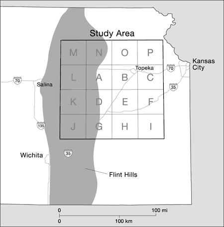 Study area covers box from Leavenworth to eastern Clay Co., south to northern Butler, east to Bourbon Co.