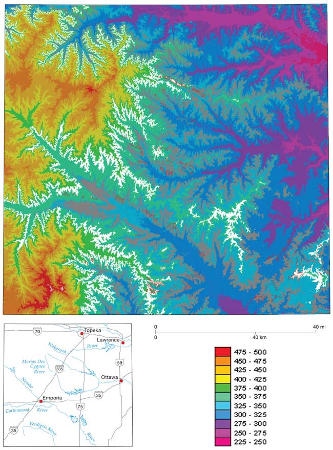 Modeled gravel layers are shown on topographic map along with actual gravel deposts found.