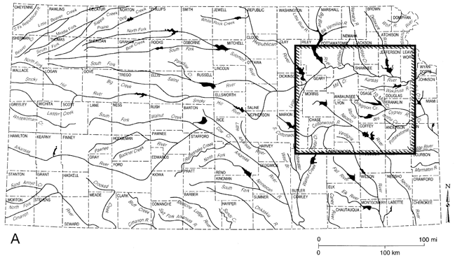 Study area contains parts of several eastern Kansas rivers, including Kansas, Cottonwood, Neosho, and Marais des Cygnes.