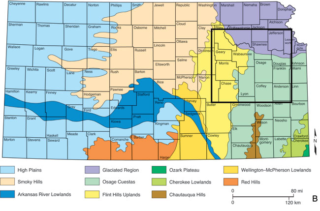 Glaciated Region, Flint Hills Uplands, and Osage Questas intersect in the study area.