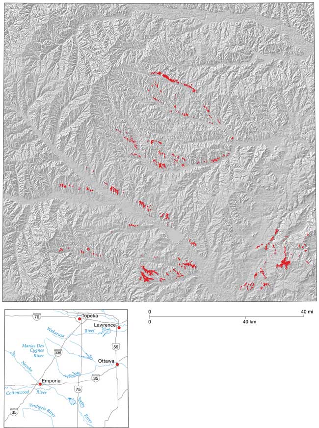 Gravels shown as read areas on tops of shaded-relief map.