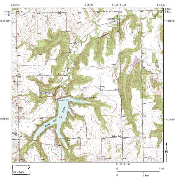 Topographic map of Lone Star Lake showing location of spillway.