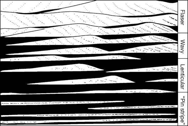 Relationships between flaser, wavy, lenticular, and pin stripe bedding.