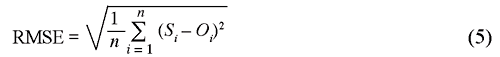 RMSE equals square root of sum of the squared difference between the sumulated and observed values.