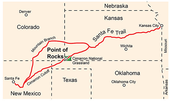 Santa Fe Trail from Kansas City to Santa Fe had two branches in area of Point of Rocks: a mountain branch to the north and the Cimarron Cutoff.