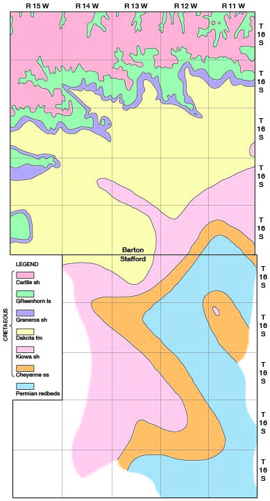 Carlile shale  in northwest corner, southern half us Kiowa, Cheyene, and redbeds