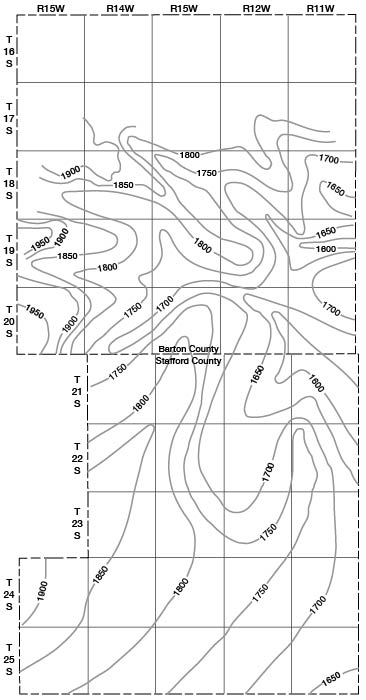 surface higher in west, lower in east, channel in east-central Barton