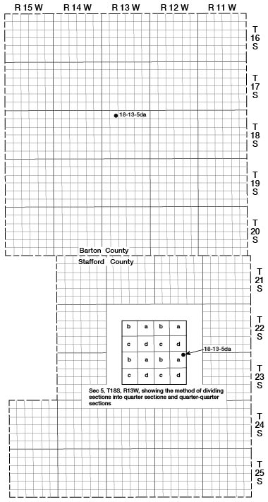 Well numbering system used in this report, showing Barton County as an example.