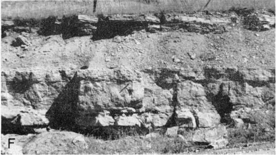 Black and white photo of limestone limestone; massive lower section with eroded, softer middle and thin resistant bed at top.