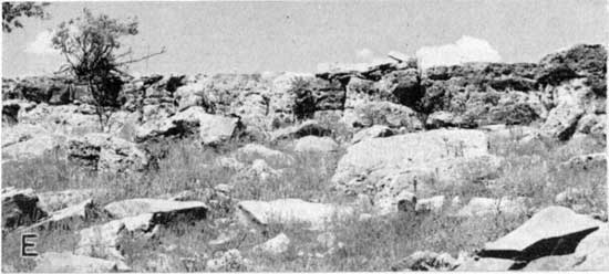 Black and white photo of thick limestone outcrop with boulders below, shrup on top.