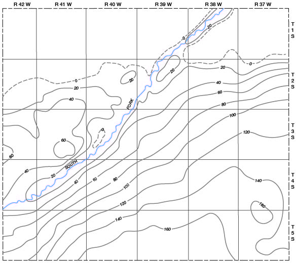 Saturated thickness ranges from 160 feet in south to 0 in northerd tier of townships.