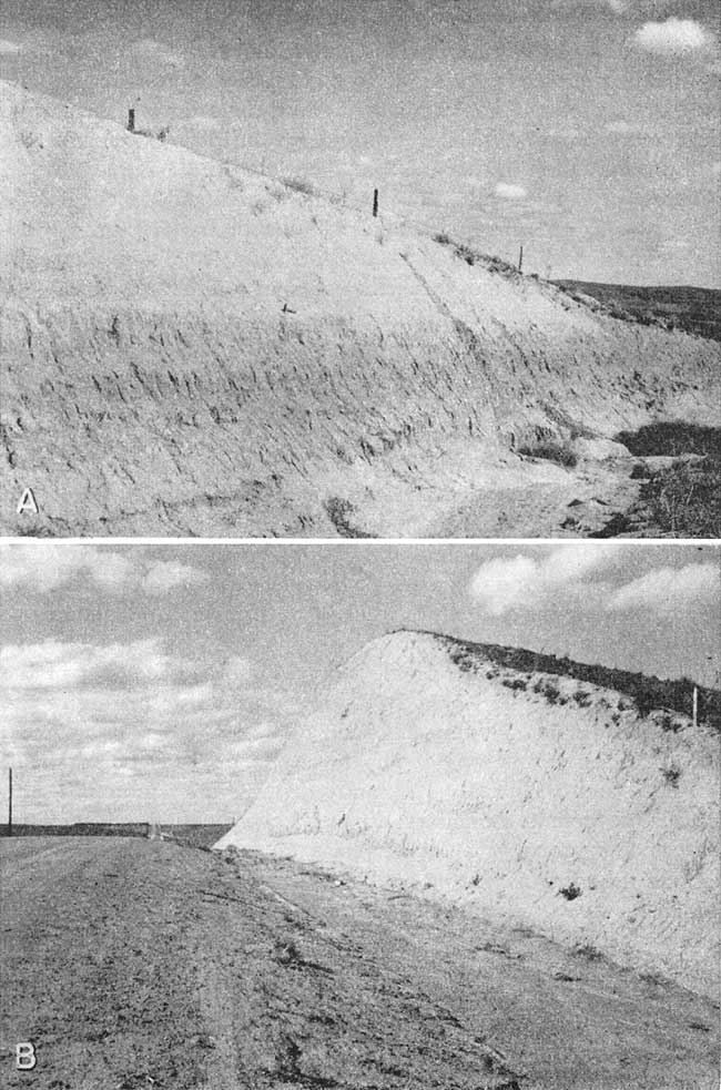 Two black and white photos; Peoria silt member is white, steep roadcuts but looks to be easily eroded.