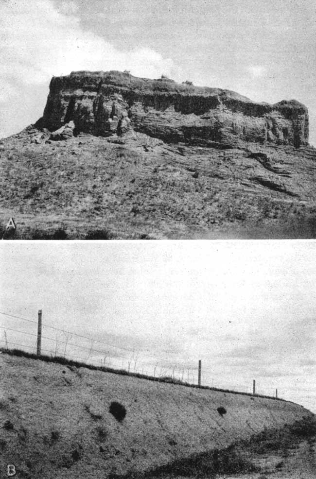 Two black and white photos; top photo is large dark colored butte or mesa; bottom photo is steep light-colored outcrop.