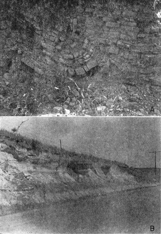 Two poor black and white photos; top shows bedding of limestone warped by farulting; bottom show mostly erodable roadcut with resistent chunks in middle of outcrop.