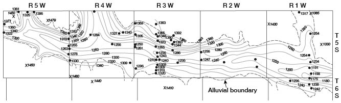 Pre-Pleistocene valley elevation ranges from 1260 in west to 1175 in east.