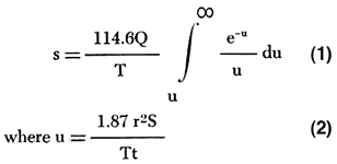 drawdown = 114.6 times discharge rate divided by transmissibility, all times the integral of the well function of u