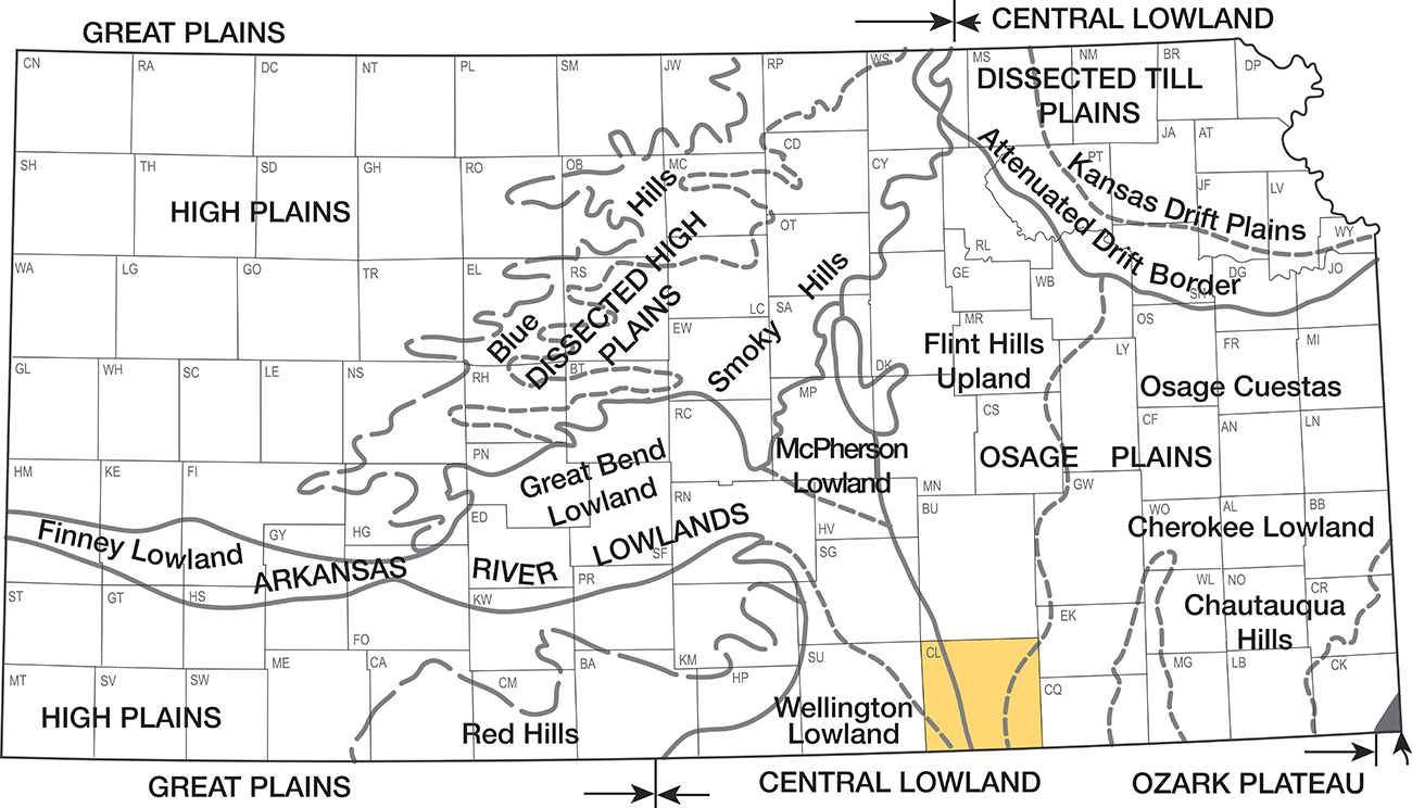 Cowley in Flint Hills Upland, with far eastern part in Osage Questas and far western part in Ark River Lowlands.