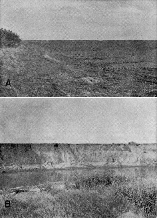 Two black and white photos; top is of field laying fallow; bottom is vertical outcrop of terrace deposits cut by river.