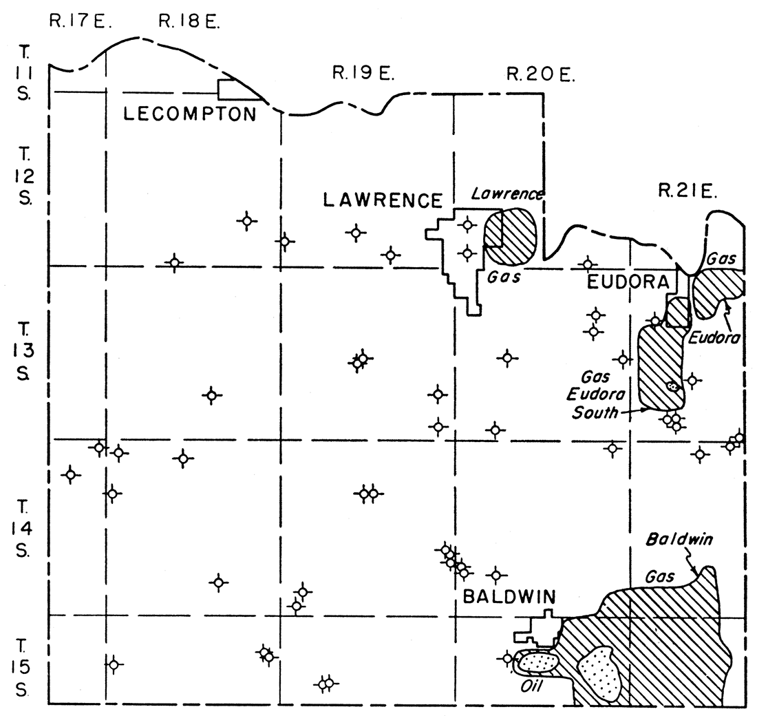 Map of Douglas County showing location of oil and gas fields and dry holes drilled outside of producing areas prior to January 1957.