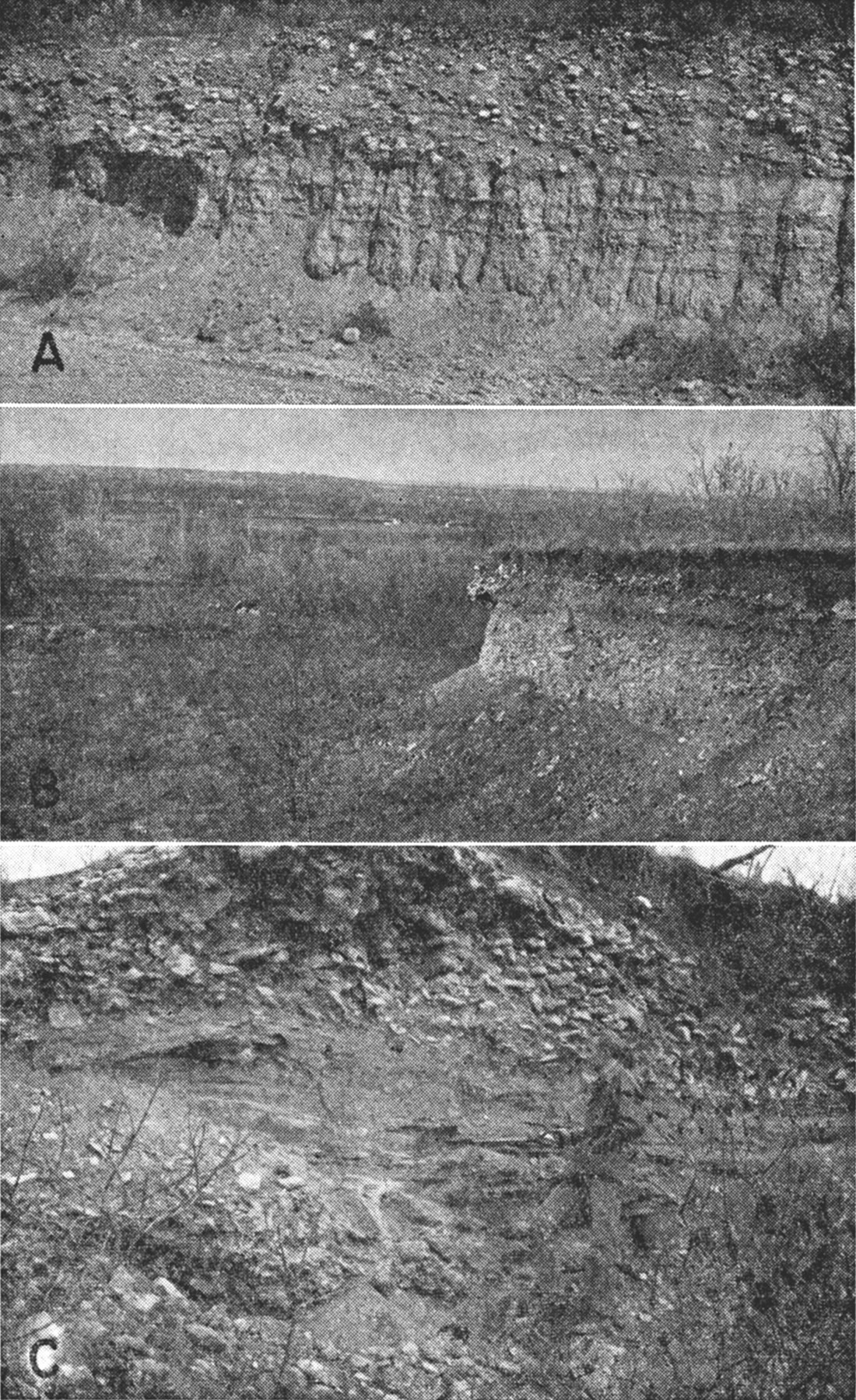 Three black and white photos; upper is of Kansas Till overlying beds of Atchison Formation; middle is of Kansan gravels capping Shank Hill; lower is closeup view of Kansan deposits capping Shank Hill.