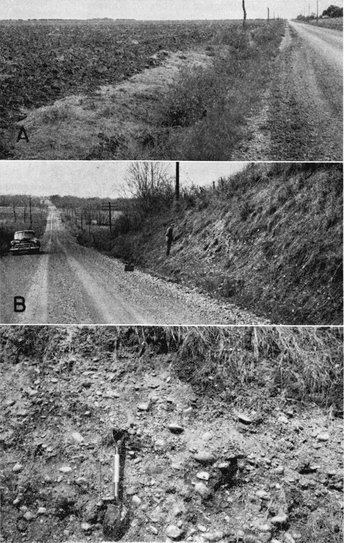 Three black and white photos; upper is of extensive plain in Hesper area developed on Kansan glaciofluvial deposits; middle is of Menoken Terrace along north side of Kansas River valley; lower is of Grand Island gravel and sand in basal Menoken Terrace deposits.