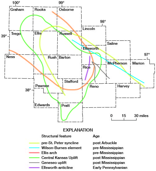 Several structural features are overlain on map of Ellsworth and counties to southwest.